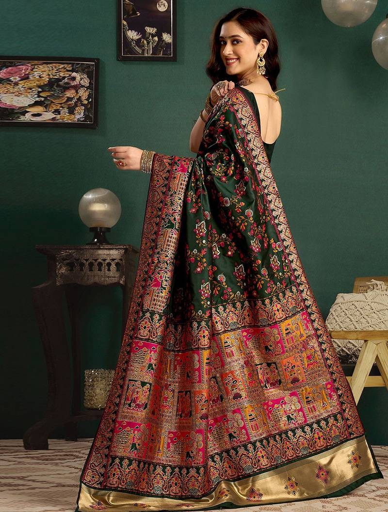 Green woven design printed saree with blouse