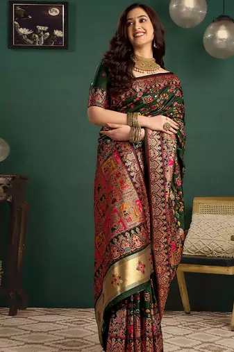 Green woven design printed saree with blouse