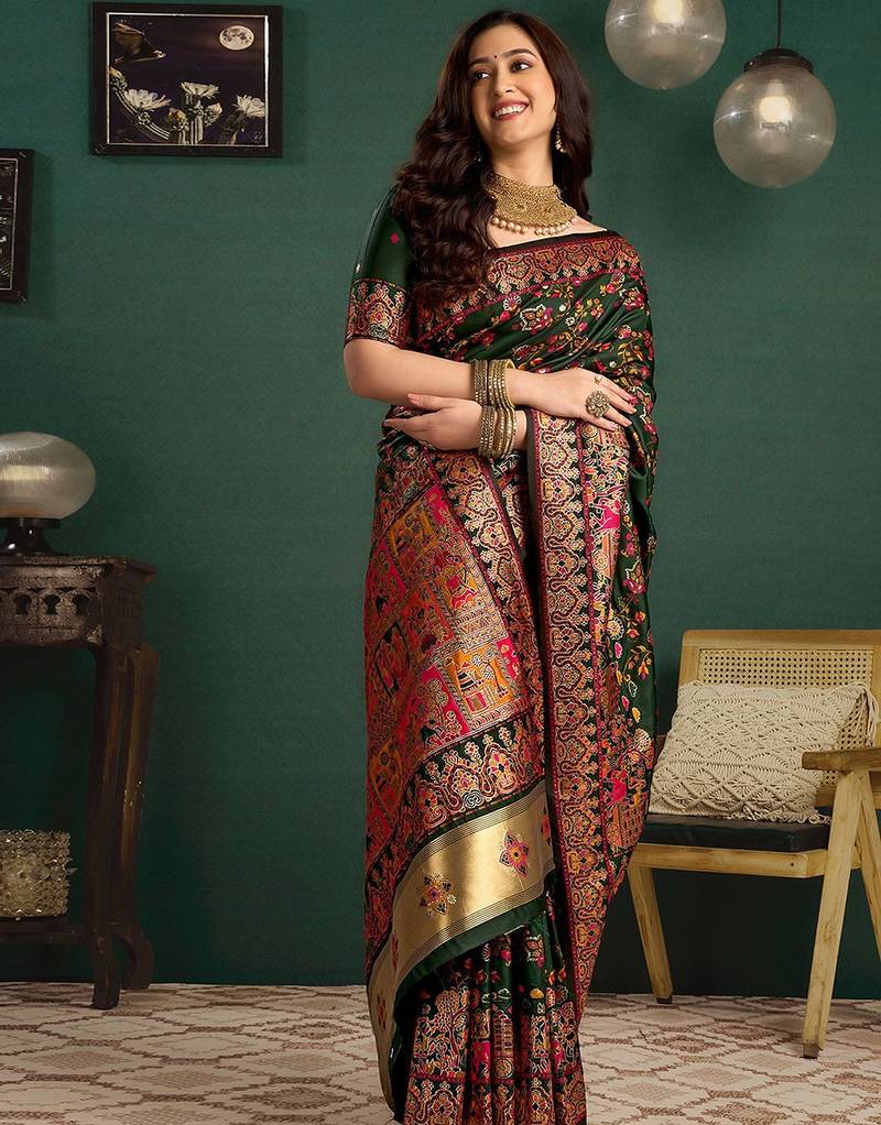 Green woven design printed saree with blouse