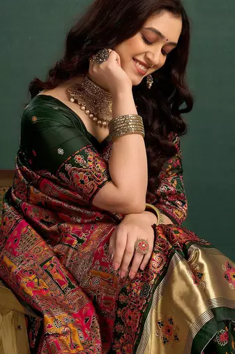 Green woven design printed saree with blouse