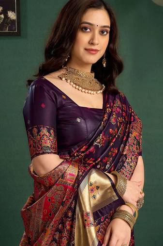 Purple woven design saree with unstitched blouse piece