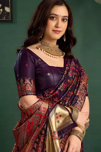 Purple woven design saree with unstitched blouse piece