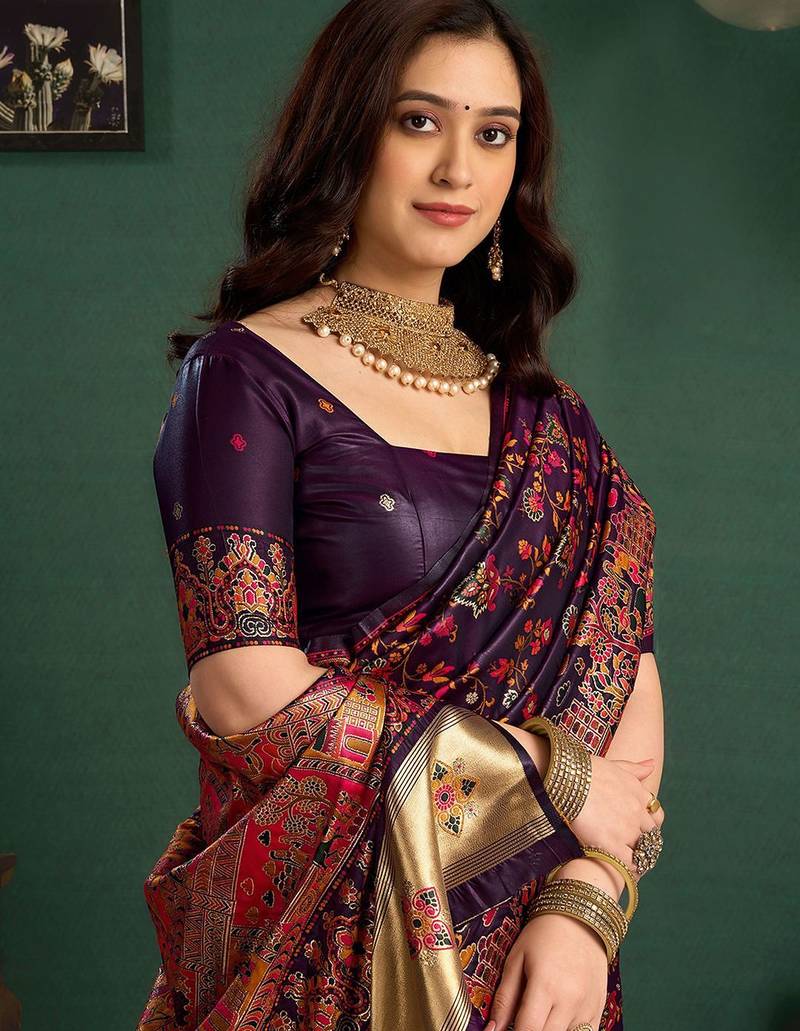 Purple woven design saree with unstitched blouse piece