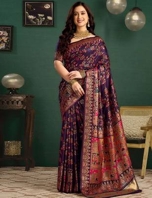 Purple woven design saree with unstitched blouse piece 2