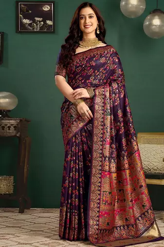 Purple woven design saree with unstitched blouse piece