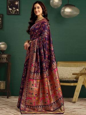 Purple woven design saree with unstitched blouse piece 3