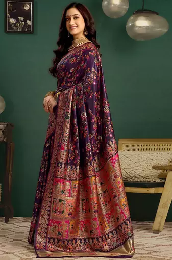 Purple woven design saree with unstitched blouse piece