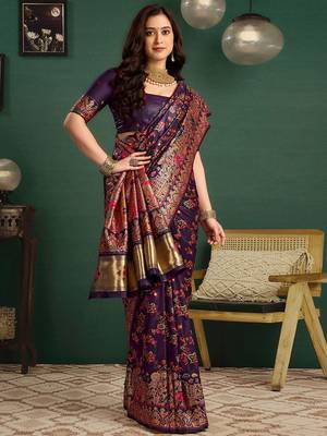Purple woven design saree with unstitched blouse piece 4
