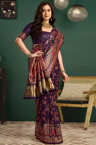 Purple woven design saree with unstitched blouse piece