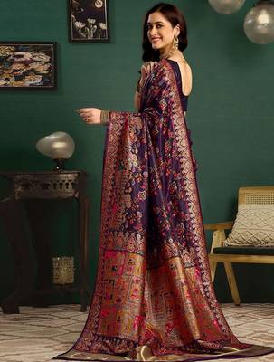 Purple woven design saree with unstitched blouse piece 5