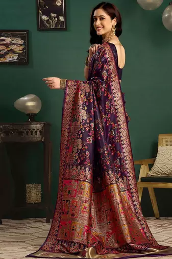 Purple woven design saree with unstitched blouse piece