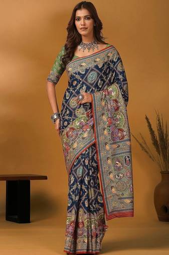 Navy blue kalamkari printed banarasi saree with matching blouse