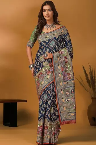 Navy blue kalamkari printed banarasi saree with matching blouse