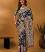 Navy blue kalamkari printed banarasi saree with matching blouse
