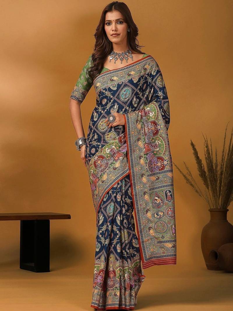 Navy blue kalamkari printed banarasi saree with matching blouse