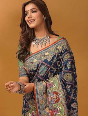 Navy blue kalamkari printed banarasi saree with matching blouse 2