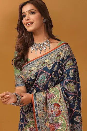 Navy blue kalamkari printed banarasi saree with matching blouse