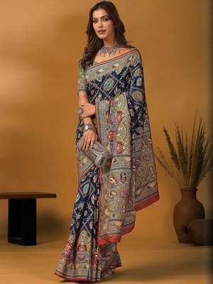 Navy blue kalamkari printed banarasi saree with matching blouse 3