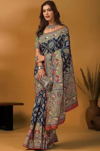 Navy blue kalamkari printed banarasi saree with matching blouse