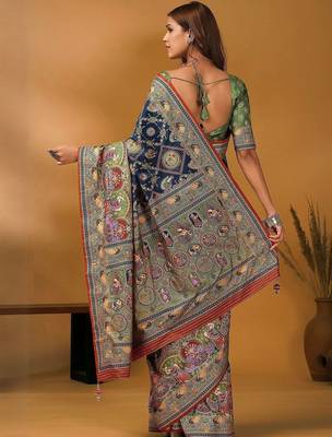 Navy blue kalamkari printed banarasi saree with matching blouse 4