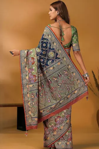 Navy blue kalamkari printed banarasi saree with matching blouse