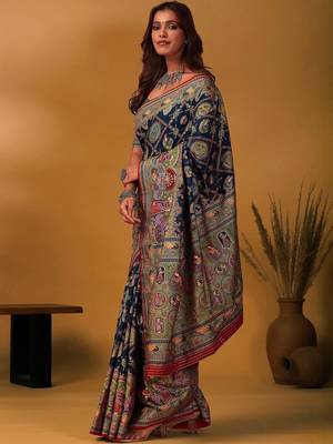 Navy blue kalamkari printed banarasi saree with matching blouse 5