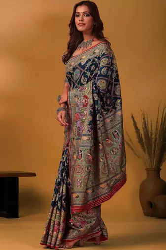Navy blue kalamkari printed banarasi saree with matching blouse