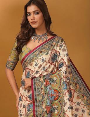 Off white ethnic motifs printed banarasi saree with unstitched blouse piece 1