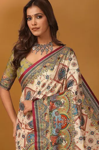 Off white ethnic motifs printed banarasi saree with unstitched blouse piece