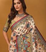 Off white ethnic motifs printed banarasi saree with unstitched blouse piece