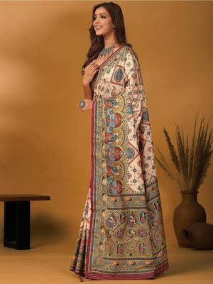Off white ethnic motifs printed banarasi saree with unstitched blouse piece 2