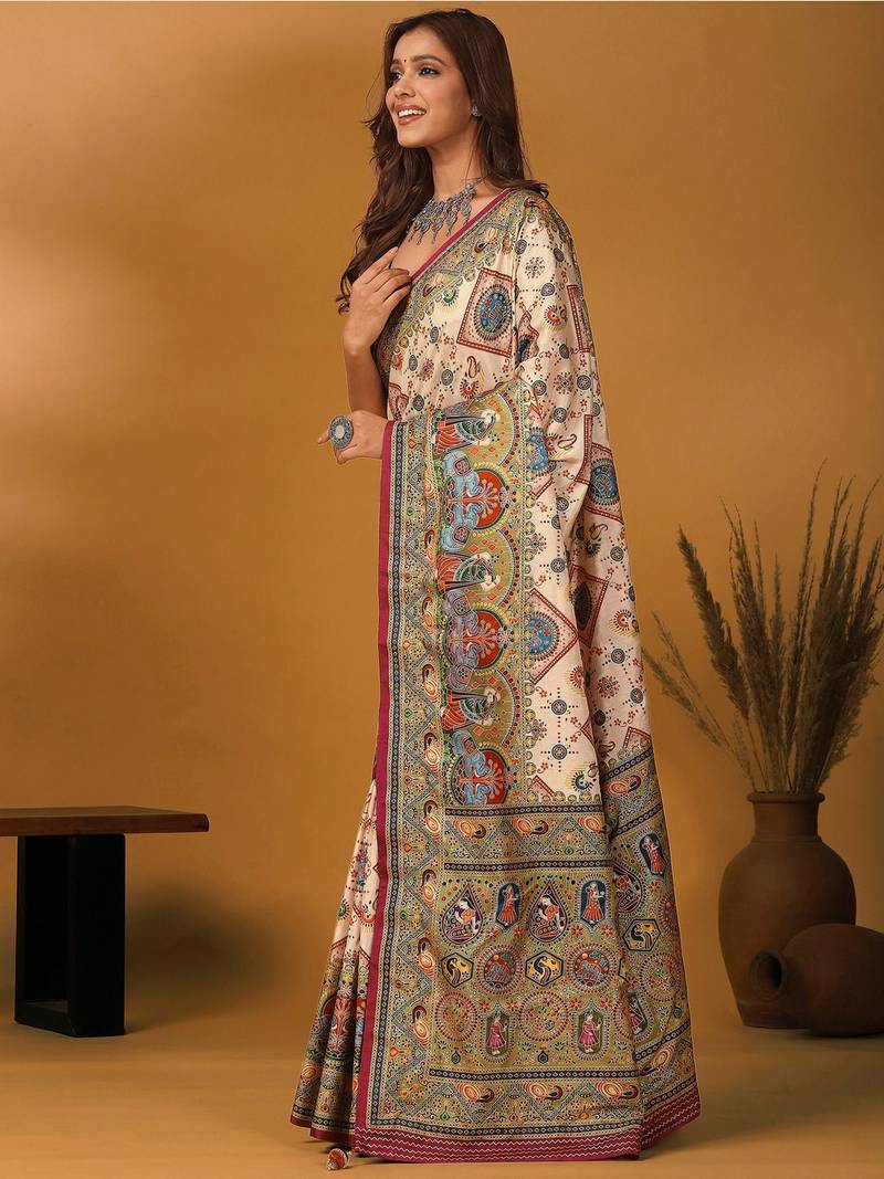 Off white ethnic motifs printed banarasi saree with unstitched blouse piece