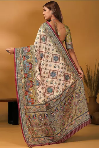 Off white ethnic motifs printed banarasi saree with unstitched blouse piece