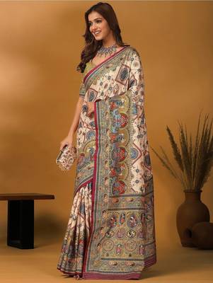 Off white ethnic motifs printed banarasi saree with unstitched blouse piece 4