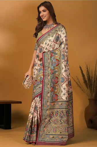 Off white ethnic motifs printed banarasi saree with unstitched blouse piece