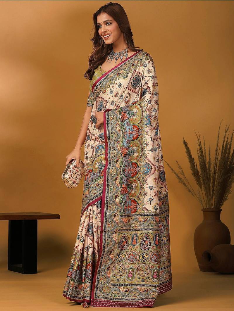 Off white ethnic motifs printed banarasi saree with unstitched blouse piece