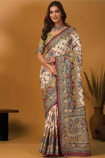 Off white ethnic motifs printed banarasi saree with unstitched blouse piece