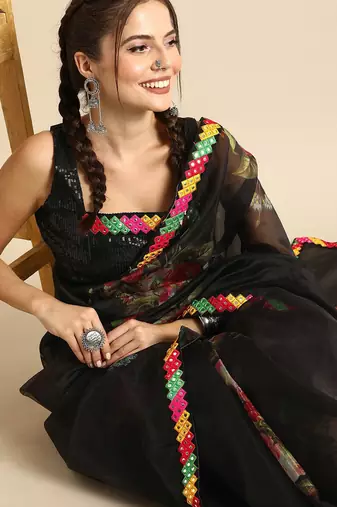 Black black organza printed saree