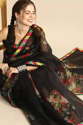 Black black organza printed saree