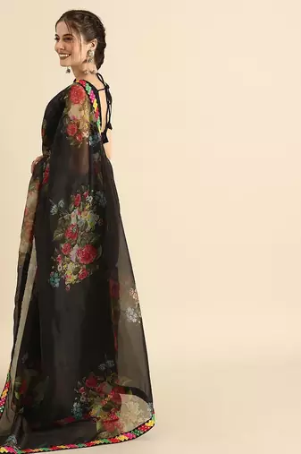 Black black organza printed saree