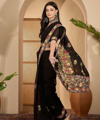 Black embroidered saree with blouse piece 2