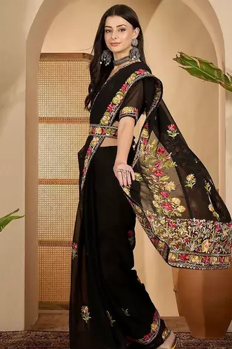 Black embroidered saree with blouse piece