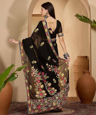 Black embroidered saree with blouse piece 3