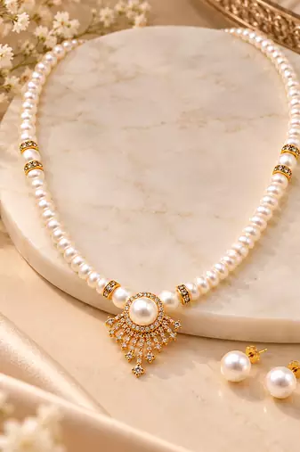 Certified Pearls Royal Gold Halo Necklace Set