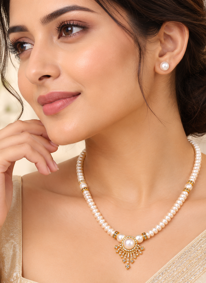 Certified Pearls Royal Gold Halo Necklace Set