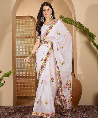 White embroidered belted saree with blouse piece 1