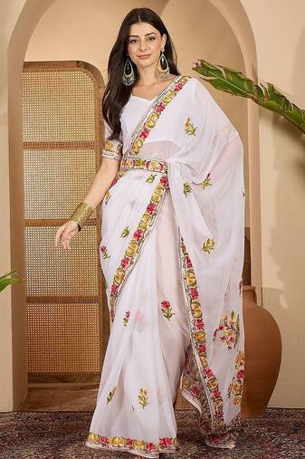 White embroidered belted saree with blouse piece