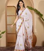 White embroidered belted saree with blouse piece
