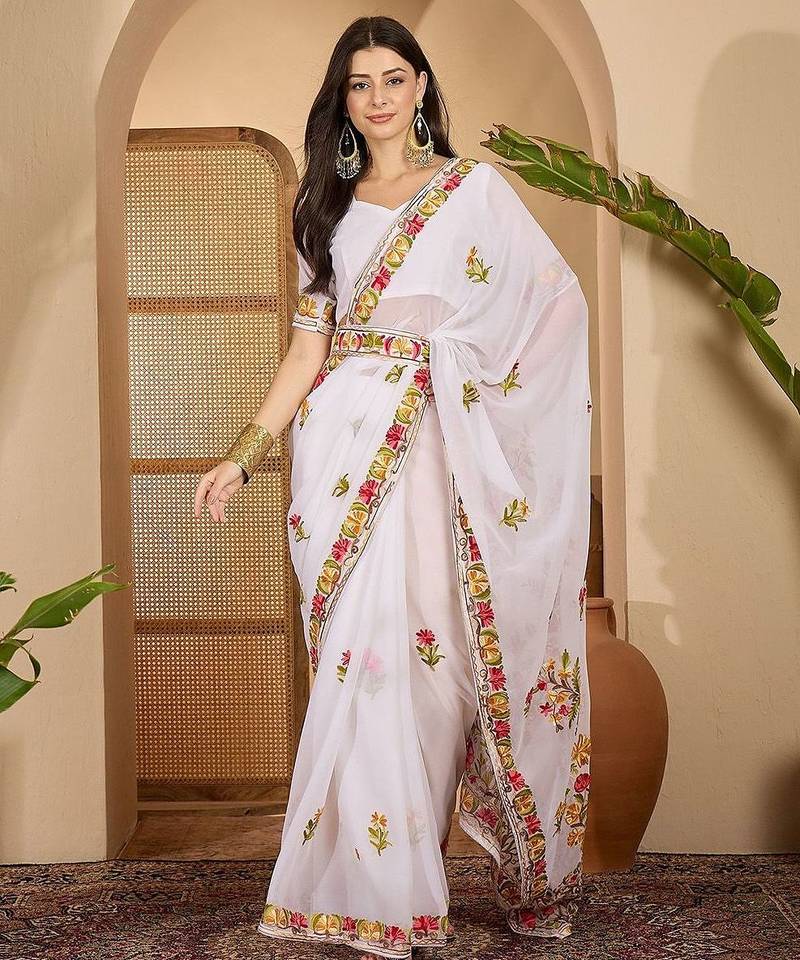 White embroidered belted saree with blouse piece