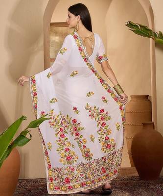 White embroidered belted saree with blouse piece 3